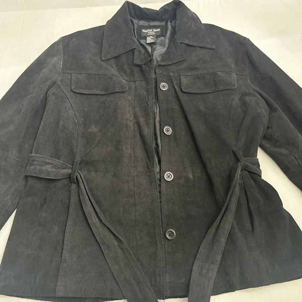 Vintage Neutral Zone Women's Suede Black Leather Jacket Coat W/ Belt Size Large